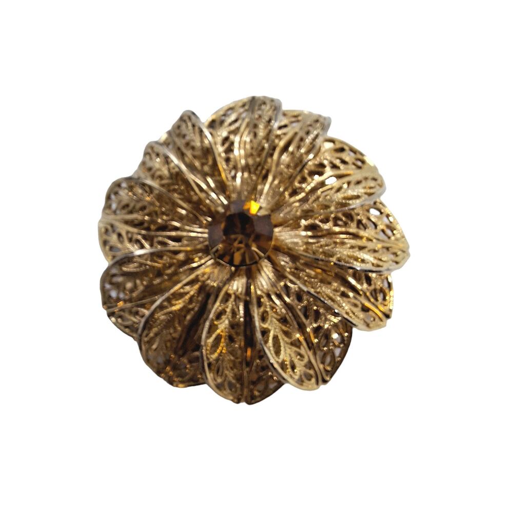 Vtg Scarf Clip Gold Tone Flower Shape Brown Color Center Stone
